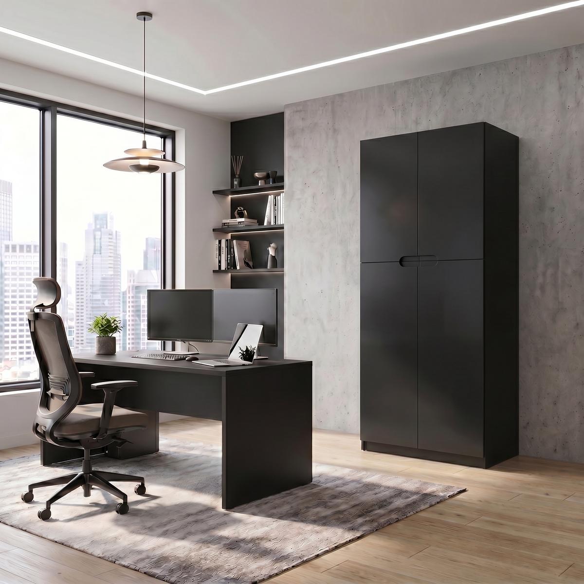 BÜROSCHRANK Logan Fronten in Schwarz matt - Schwarz, Holzwerkstoff (82/184/37cm) - Vladon