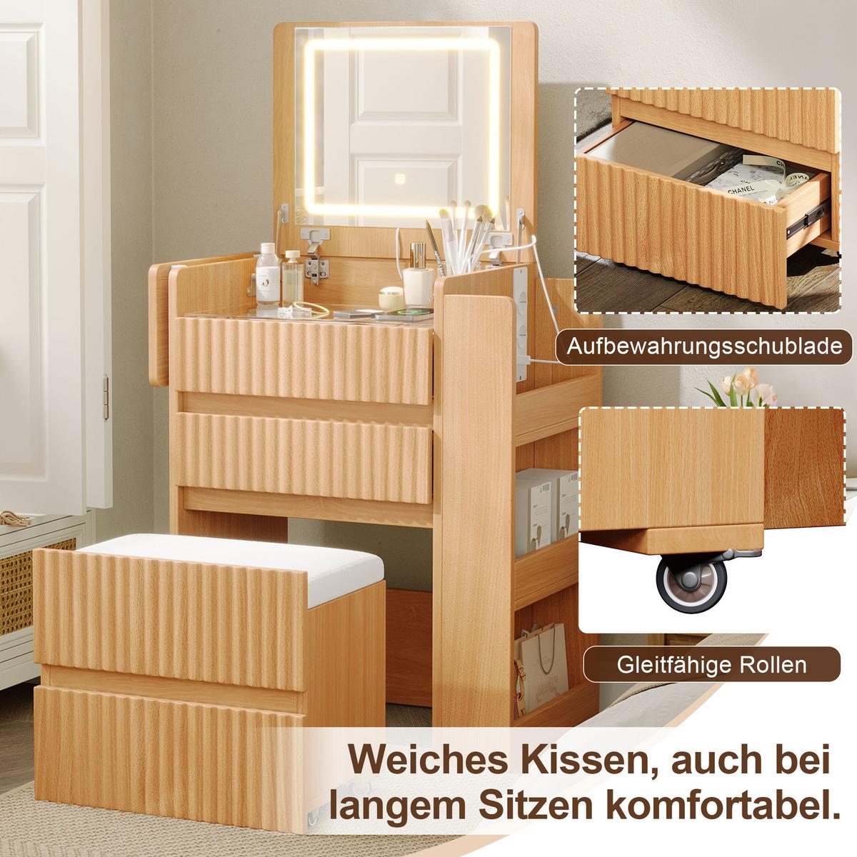 SCHMINKTISCH mit Hocker Naturholzoptik mit LED-Klappspiegel, Ladestation - Naturfarben, Holzwerkstoff (79/120/40cm) - Urban Meuble
