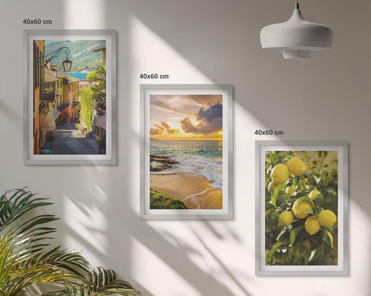 BILDER SET 3er Set - 40x60 cm Silberner Rahmen - Straßen, Meer, Strand, Zitrusbäume - Silberfarben, Kunststoff (40/60cm) - TULUP