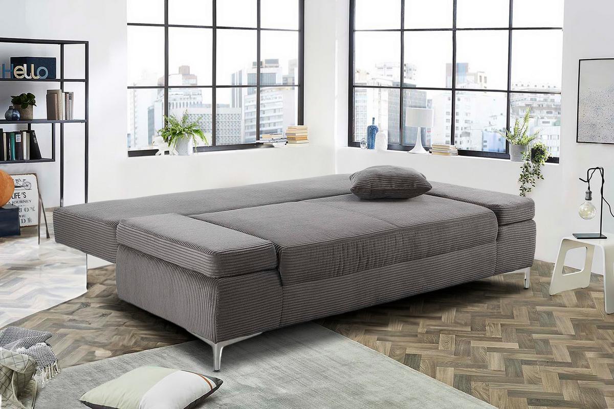 SCHLAFSOFA mit Bettkasten, Federkern, Armlehnen verstellbar B202/T103/H89 cm, Liegefläche 144x198 cm, Cord Dunkelgrau / 15204 - Chromfarben/Dunkelgrau, Textil/Metall (202/89/103cm) - luma-home
