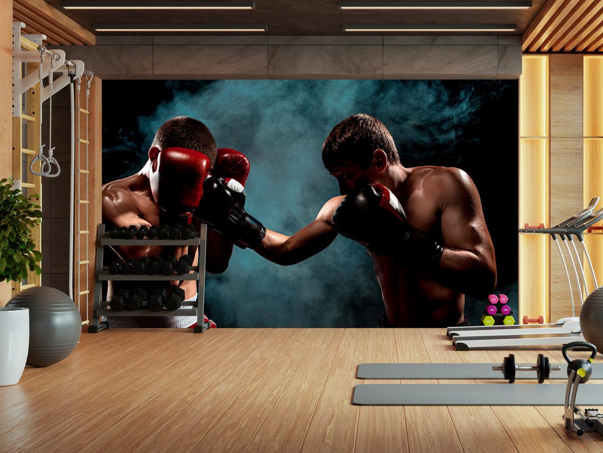 FOTOTAPETE für Jugendzimmer Boxer Männer Training Kampf Rauch 100x70 - Beige/Rot, Papier (100/70cm) - Muralo