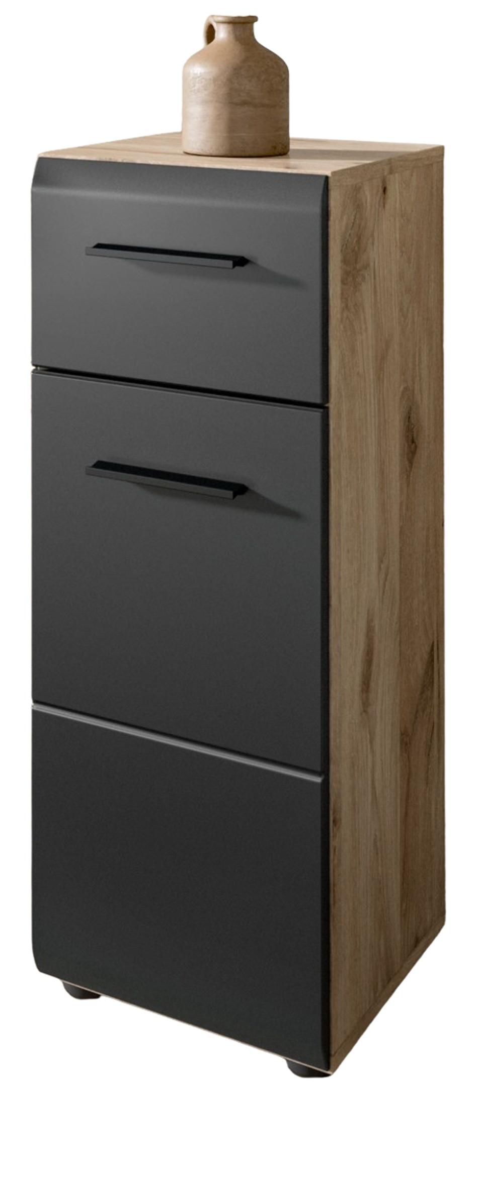 MIDISCHRANK schwarz matt, Eiche Nox, Bad Kommode 30 x 80 cm mit Vollauszug - Eichefarben/Schwarz, Holzwerkstoff/Kunststoff (30/80/30cm) - Inn.Furn