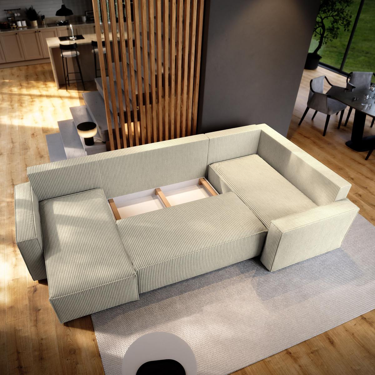 WOHNLANDSCHAFT NORENA R-S Creme Kordstoff mit Schlaffunktion - Creme, Holz (295/85/157.5cm) - MASSENO