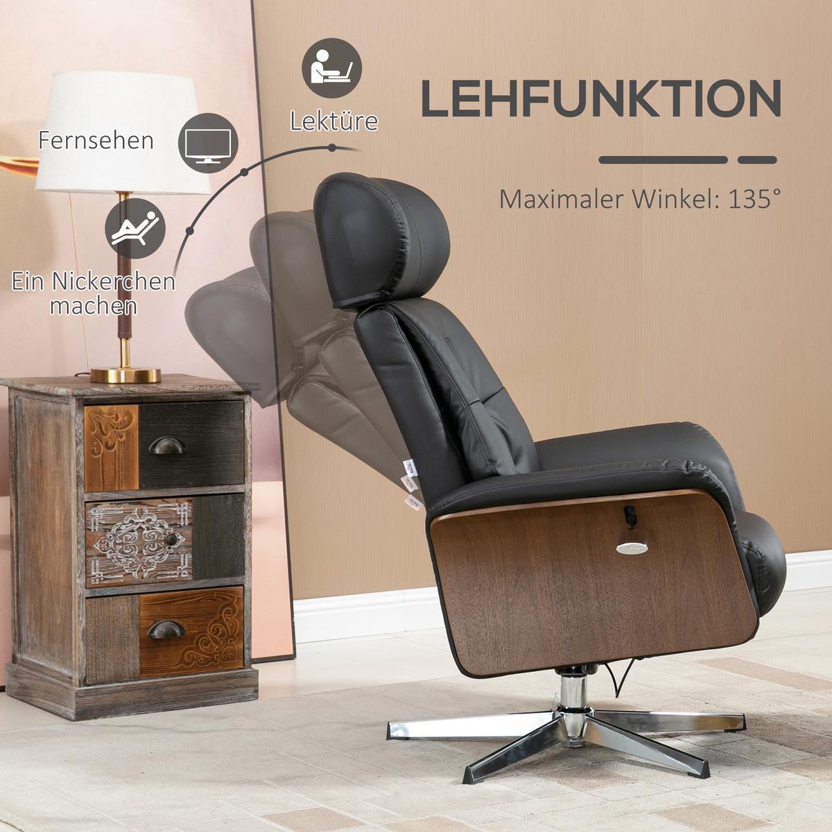 RELAXSESSEL mit Hocker, Fernsehsessel mit Liegefunktion Ruhesessel, TV-Sessel - Silberfarben/Schwarz, Leder/Metall (84/108/80cm) - HOMCOM