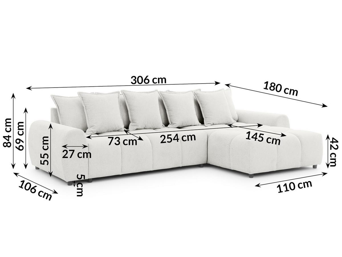 ECKSOFA Bubble mit losen Rückenkissen und Sitzfläche in Bubble-Optik aus weichem Creme Strukturstoff mit schöner Sitzkomfort - Ottomane rechts - Creme/Schwarz, Holz/Kunststoff (306/180cm) - S-Style Möbel