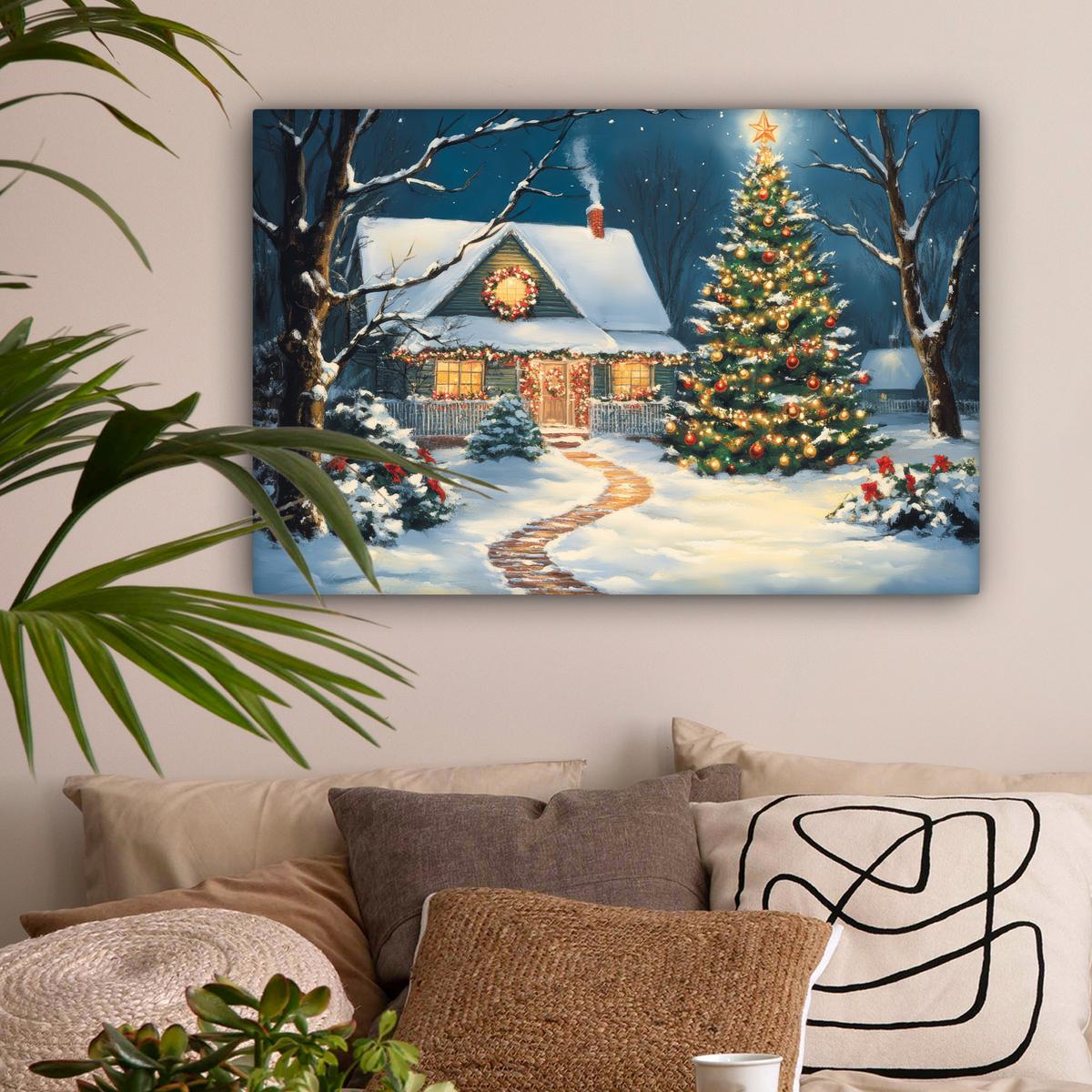 LEINWANDBILD Weihnachten - Weihnachtsbaum - Winter - Zuhause - Schnee Gemälde 60x40 cm - Smaragdgrün, Textil (60/40cm) - MuchoWow