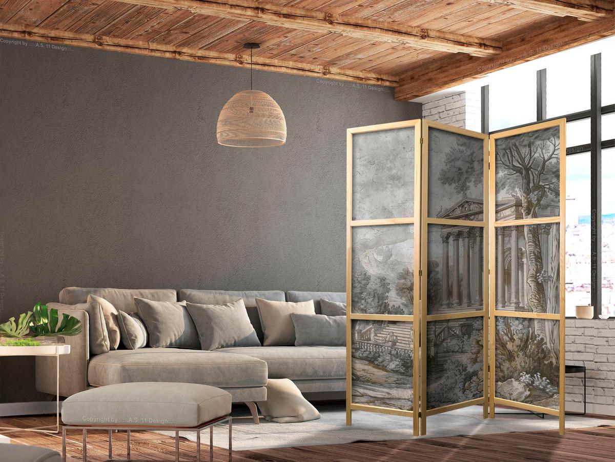 PARAVENT Japanischer 3-tlg 135x172 cm Retro Landschaft - Grau, Holz/Textil (135/172/3cm) - Muralo