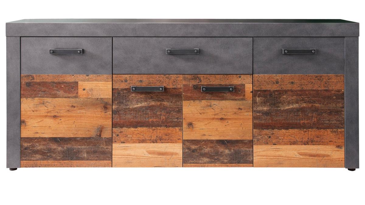 SIDEBOARD Used Wood Altholz Design mit Grau 178 cm, Kommode 4-türig - Silberfarben/Schwarz, Holzwerkstoff/Kunststoff (40/77/178cm) - Top.Furn
