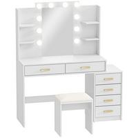 SCHMINKTISCH mit Hocker MDF Glas Weiß - Goldfarben/Weiß, Holzwerkstoff/Metall (40/140/120cm) - HOMCOM