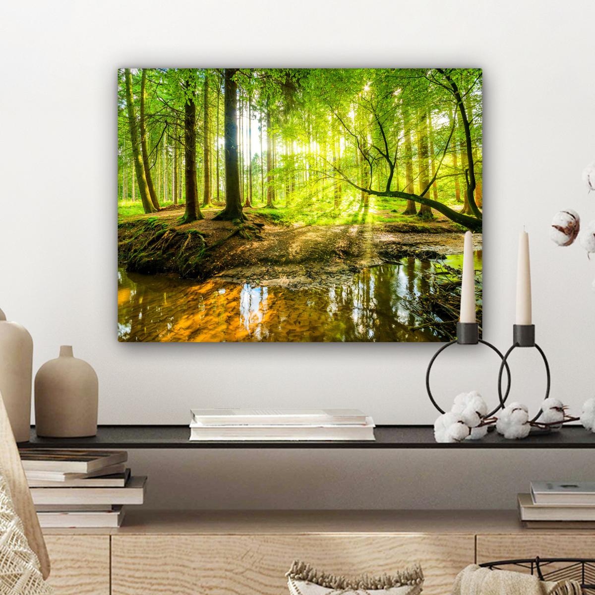LEINWANDBILD Wald - Landschaft - Wasser - Bäume - Sonne - Grün - Natur Wandbild 40x30 cm - Grün, Textil (40/30cm) - MuchoWow