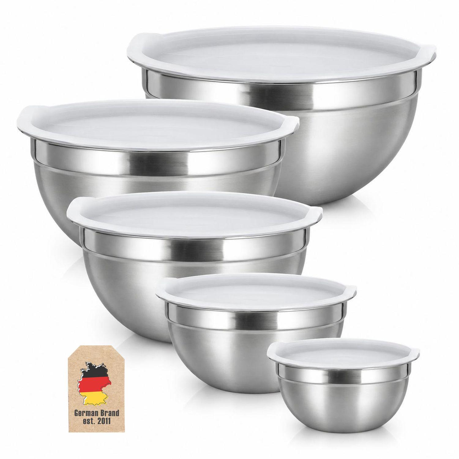 SALAT RÜHRSCHÜSSEL Set mit Deckeln in verschiedenen Größen (5-tlg.) - Silberfarben, Metall (22cm) - Intirilife