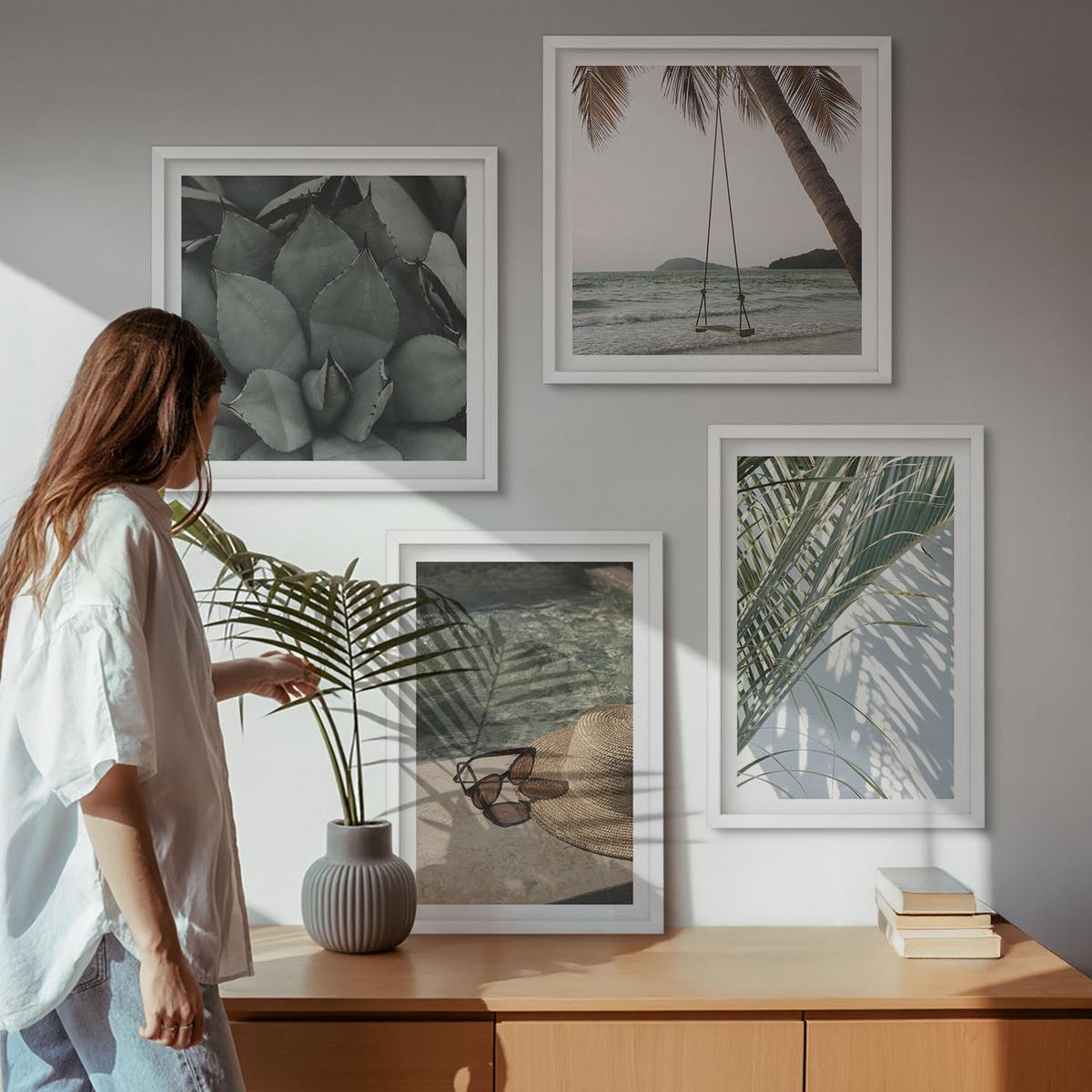 BILDER SET 4er Set - 50x50 cm & 40x60 cm Weißer Rahmen - Tropische Pflanzen für den Urlaub - Weiß, Kunststoff (50/50cm) - TULUP