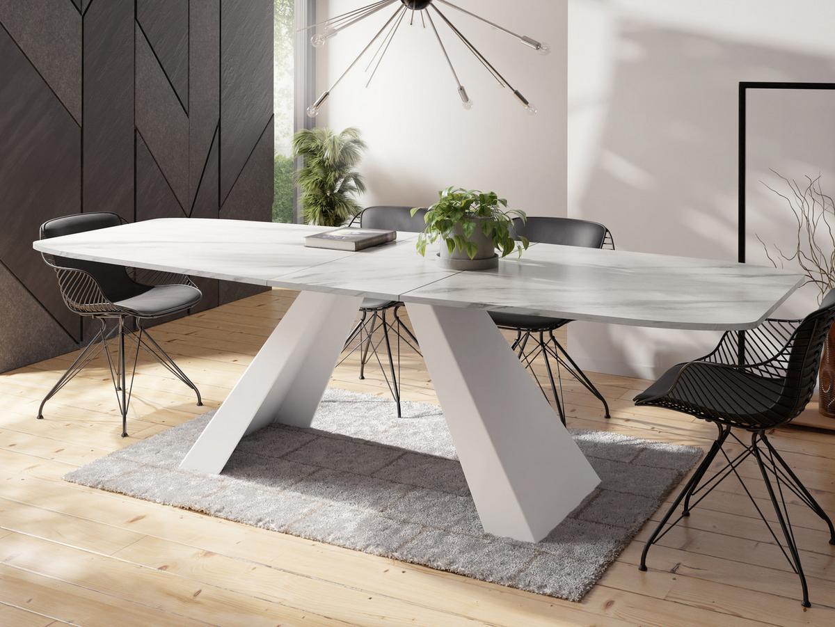 ESSTISCH Monte Weiß rechteckig ausziehbar, Marmor Weiß 180-220/90/76 cm - Ecru/Weiß, Holzwerkstoff/Metall (90/218/76cm) - WFL GROUP