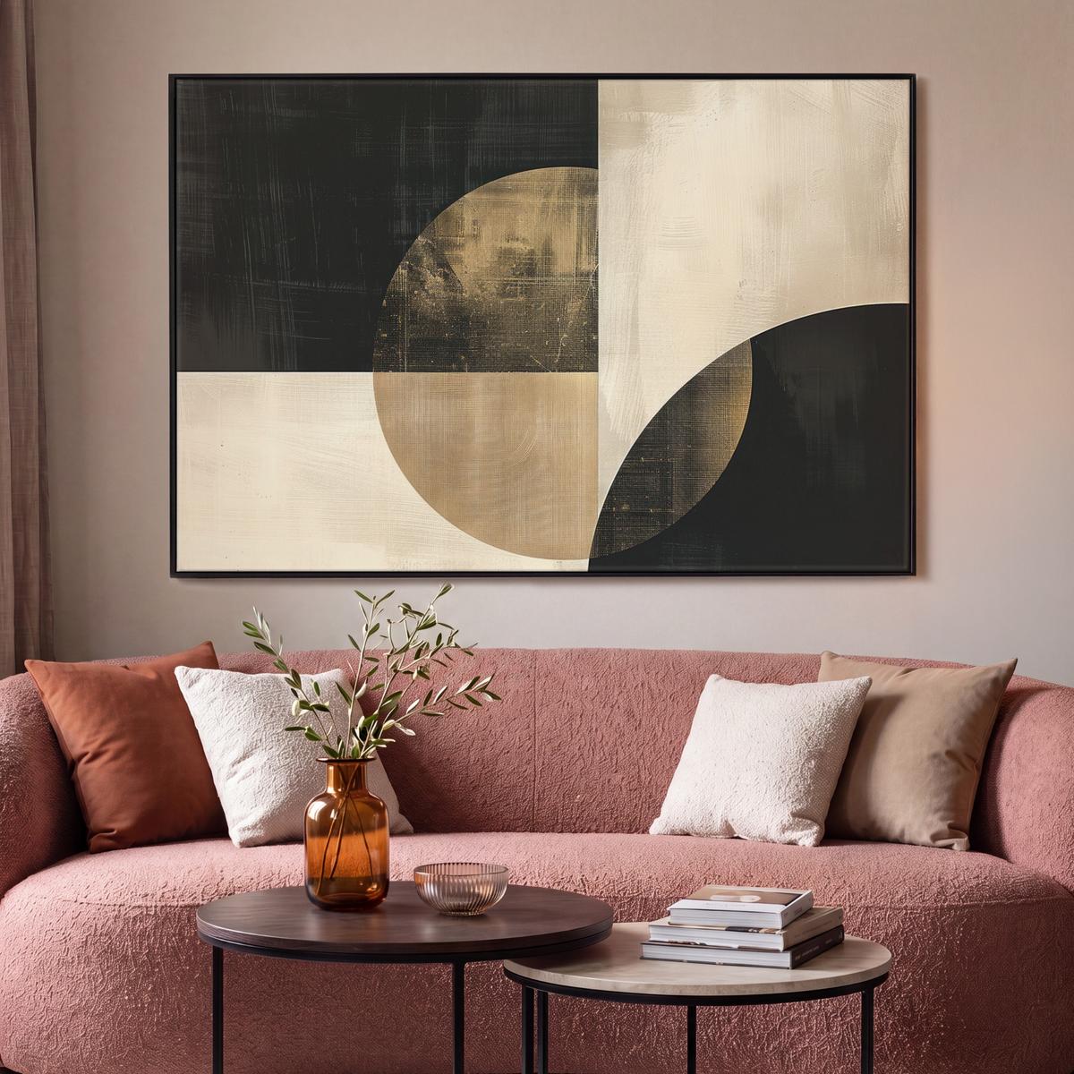LEINWAND Bilder mit Rahmen - Abstrakt - Geometrische Formen - Schwarz - Gold - 120x80 - Ecru, Textil (120/80cm) - MuchoWow