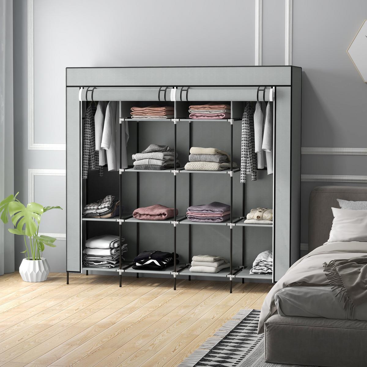 STOFFSCHRANK Kleiderschrank mit Kleiderstange, 10 Fächern, 4 Schubladen - Dunkelgrau, Textil/Metall (42.5/169.5/166cm) - HOMCOM