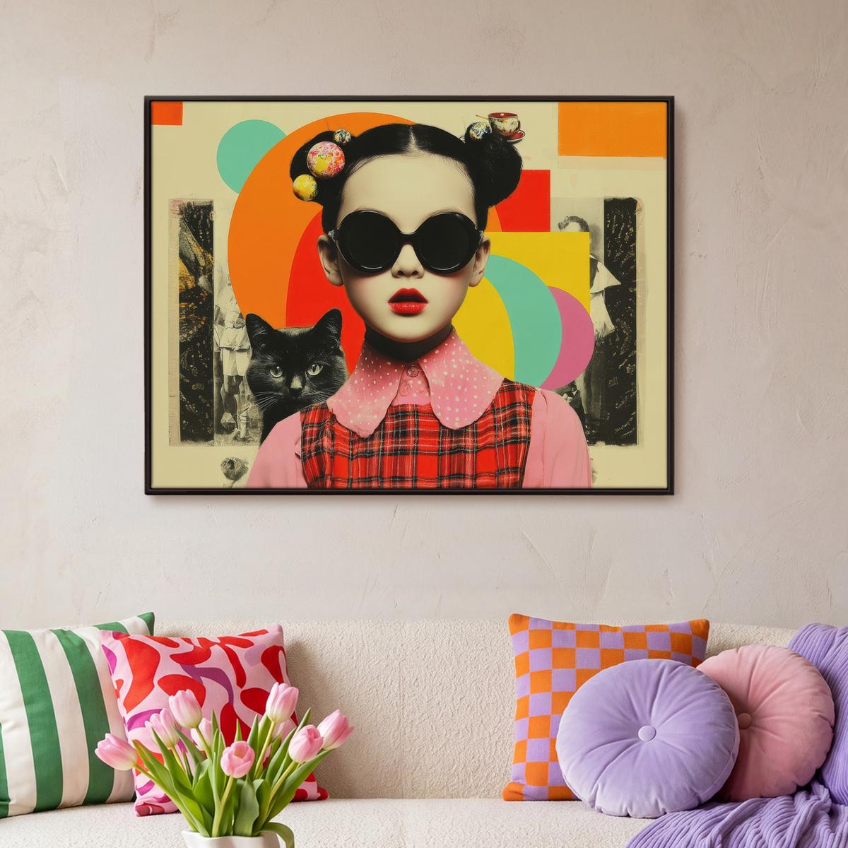 LEINWAND Bilder mit Rahmen - Mädchen - Sonnenbrille - Katze - Retro - 100x70 - Beige, Textil (100/70cm) - MuchoWow