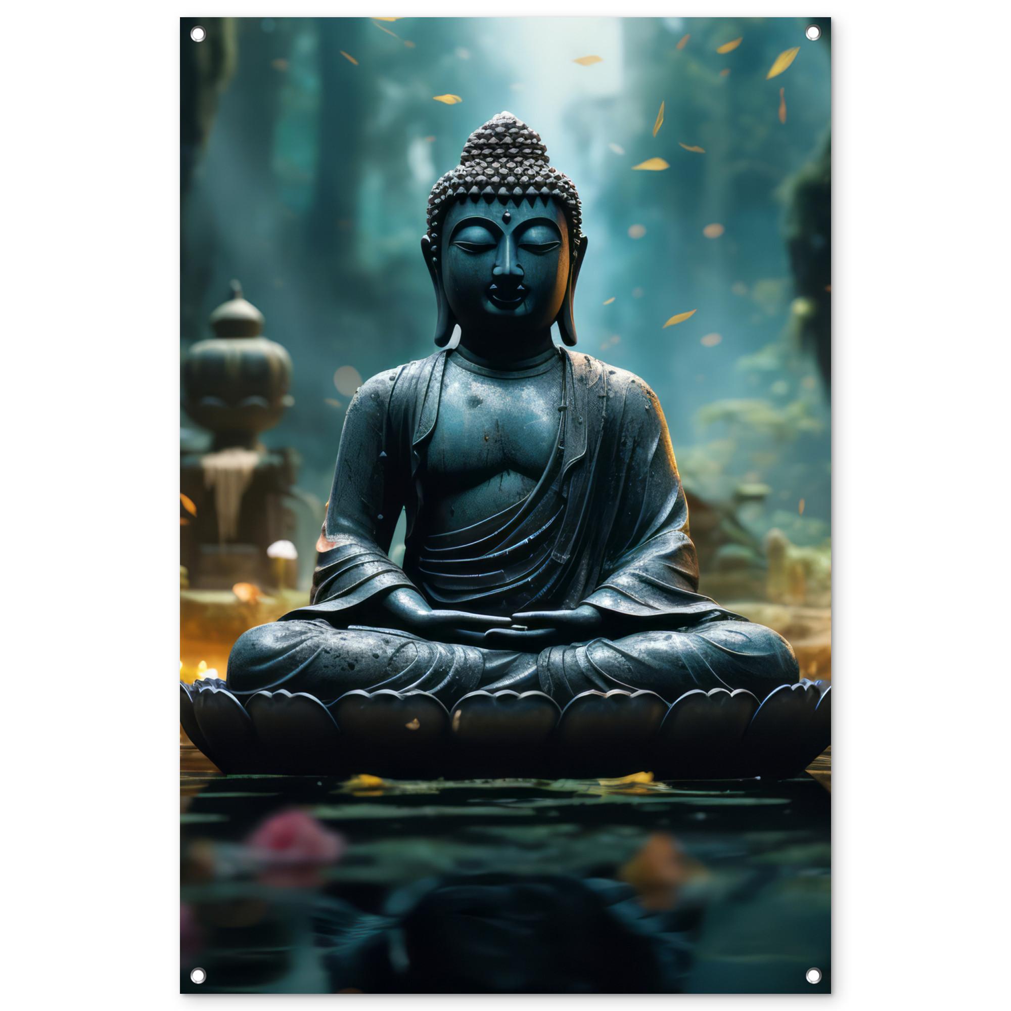 GARTENPOSTER Buddha - Statue - Buddha - Zen - Kunst - Buddha Outdoor Bilder 80x120 cm - Dunkelgrau, Kunststoff (80/120/0.2cm) - OnlyWow
