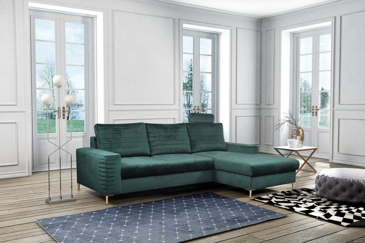 ECKSOFA GRIFO R-S Grün Velours-Stoff mit Schlaffunktion - Grün, Holz (253/165cm) - MASSENO
