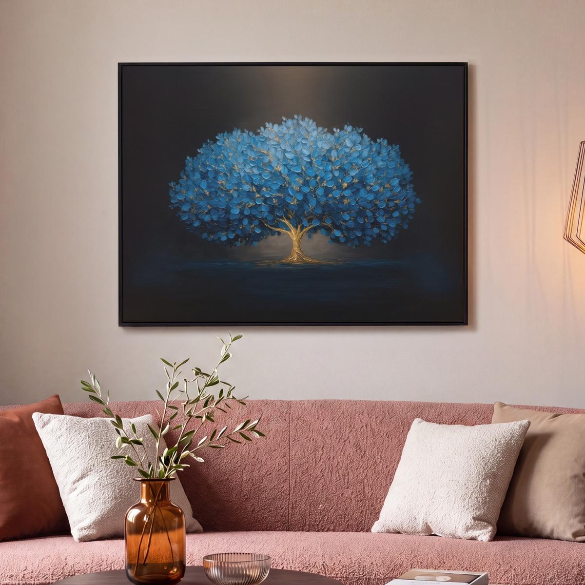 LEINWAND Bilder mit Rahmen - Baum - Blau - Blätter - Pinselstriche - 100x70 - Blau, Textil (100/70cm) - MuchoWow