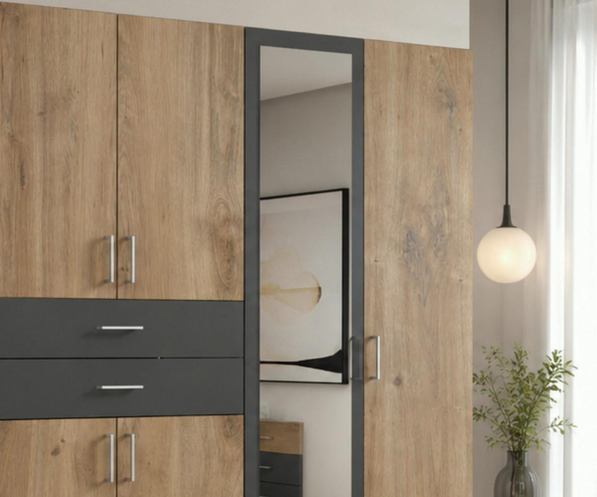 DREHTÜRENSCHRANK B270/H208/T58 cm, Eiche Dekor mit Absetzungen in Grafit, Kleiderschrank mit 2 Spiegeltüren & Schubkästen / 22596 - Eichefarben/Silberfarben, Holzwerkstoff/Kunststoff (270/208/58cm) - luma-home
