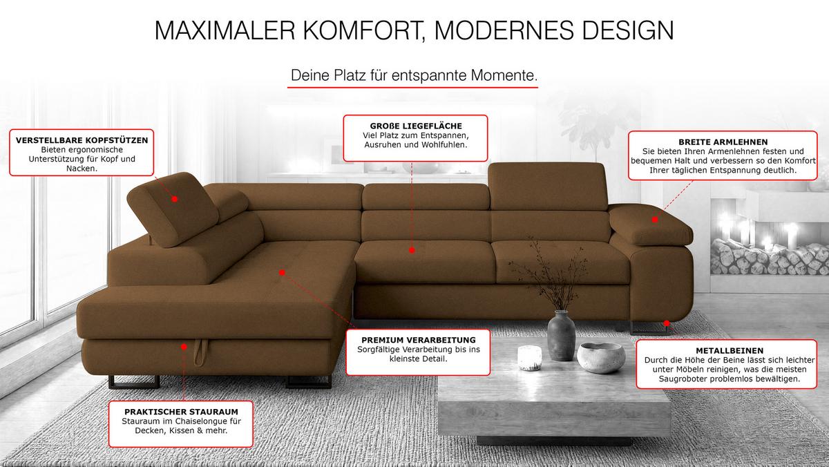 ECKSOFA Velmo mit Bettkasten und Schlaffunktion, verstellbaren Kopfstützen, in L-Form - Braun, Textil (275/203cm)