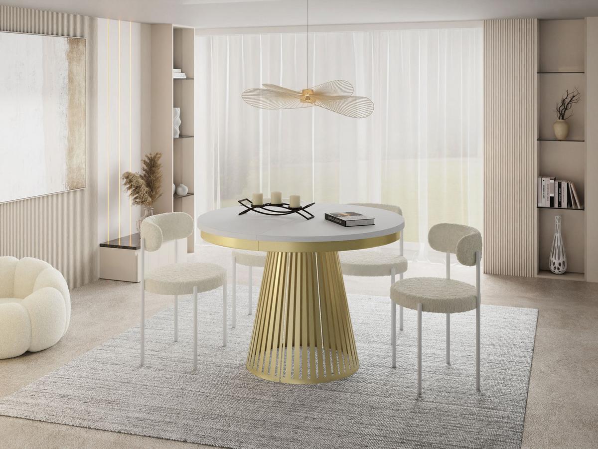 ESSTISCH Naro rund ausziehbar mit Goldem Lamellen-Metallgestell, Weiß 100-180/100/76 cm - Goldfarben/Weiß, Holzwerkstoff/Metall (100/180/76cm) - WFL GROUP