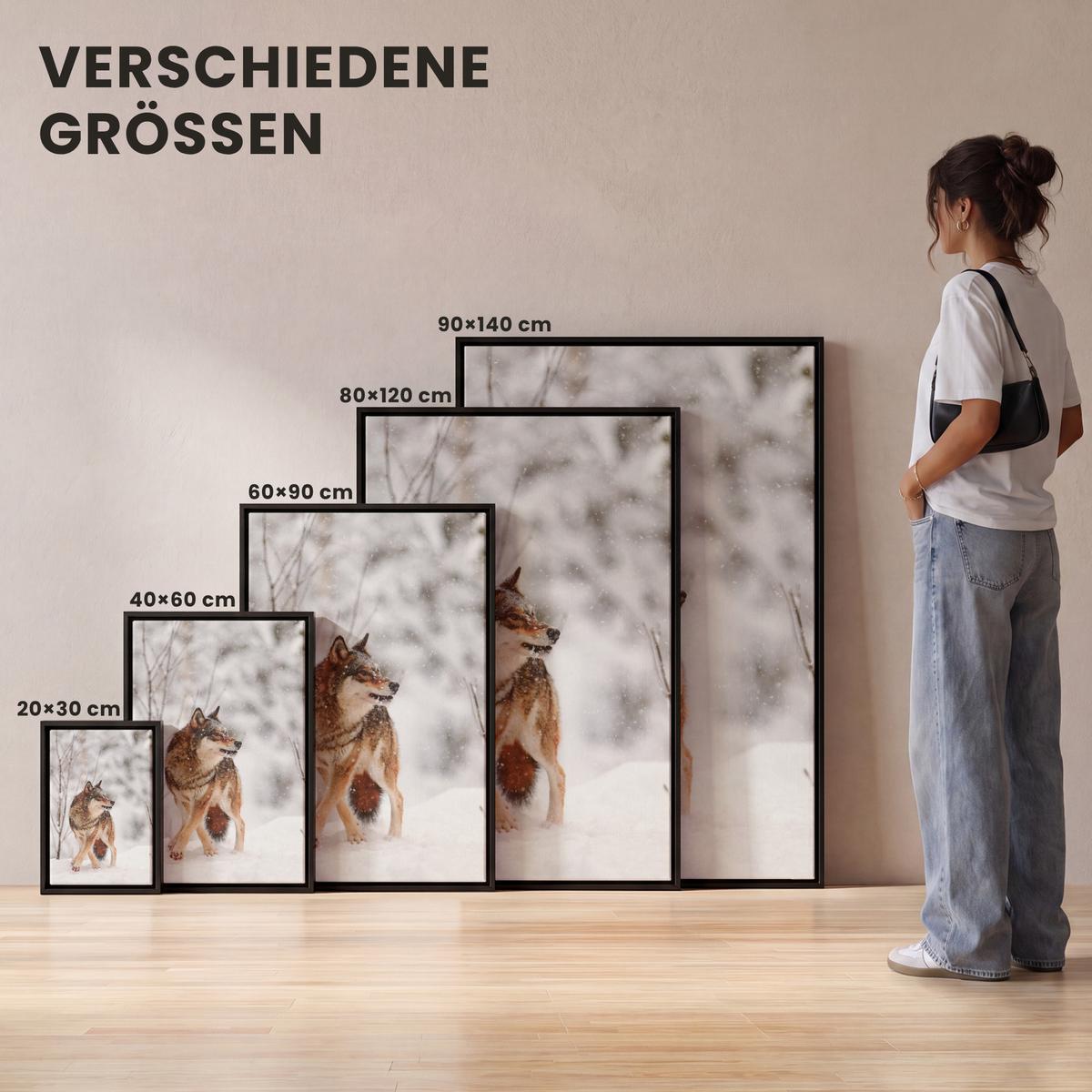 LEINWAND Bilder mit Rahmen - Wolf - Winter - Schnee - Natur - Tiere - 100x150 - Haselnussfarben, Textil (100/150cm) - MuchoWow