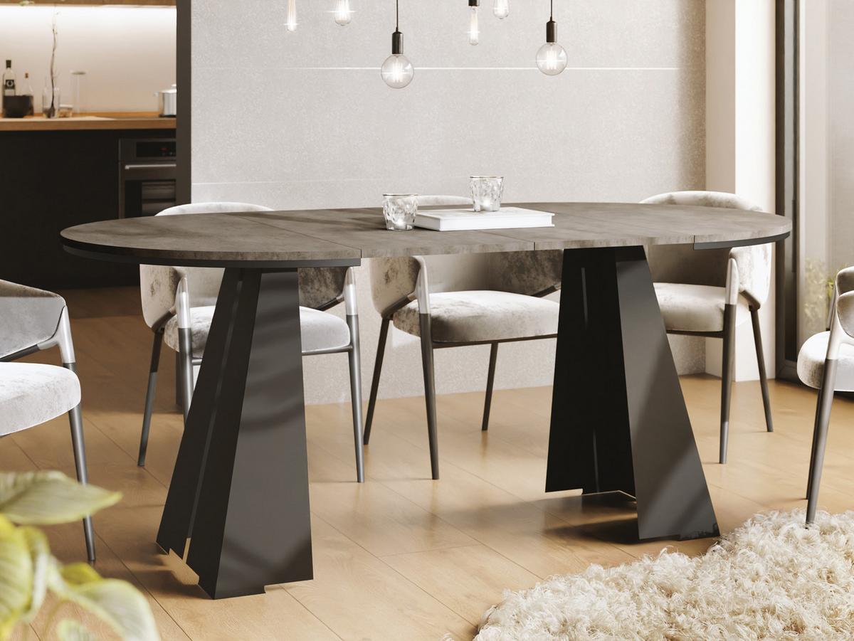 ESSTISCH Kova runder ausziehbarer, Dunkelgrauer Chicago Beton 100-180/100/76 cm - Dunkelgrau/Schwarz, Holzwerkstoff/Metall (100/176/76cm) - WFL GROUP