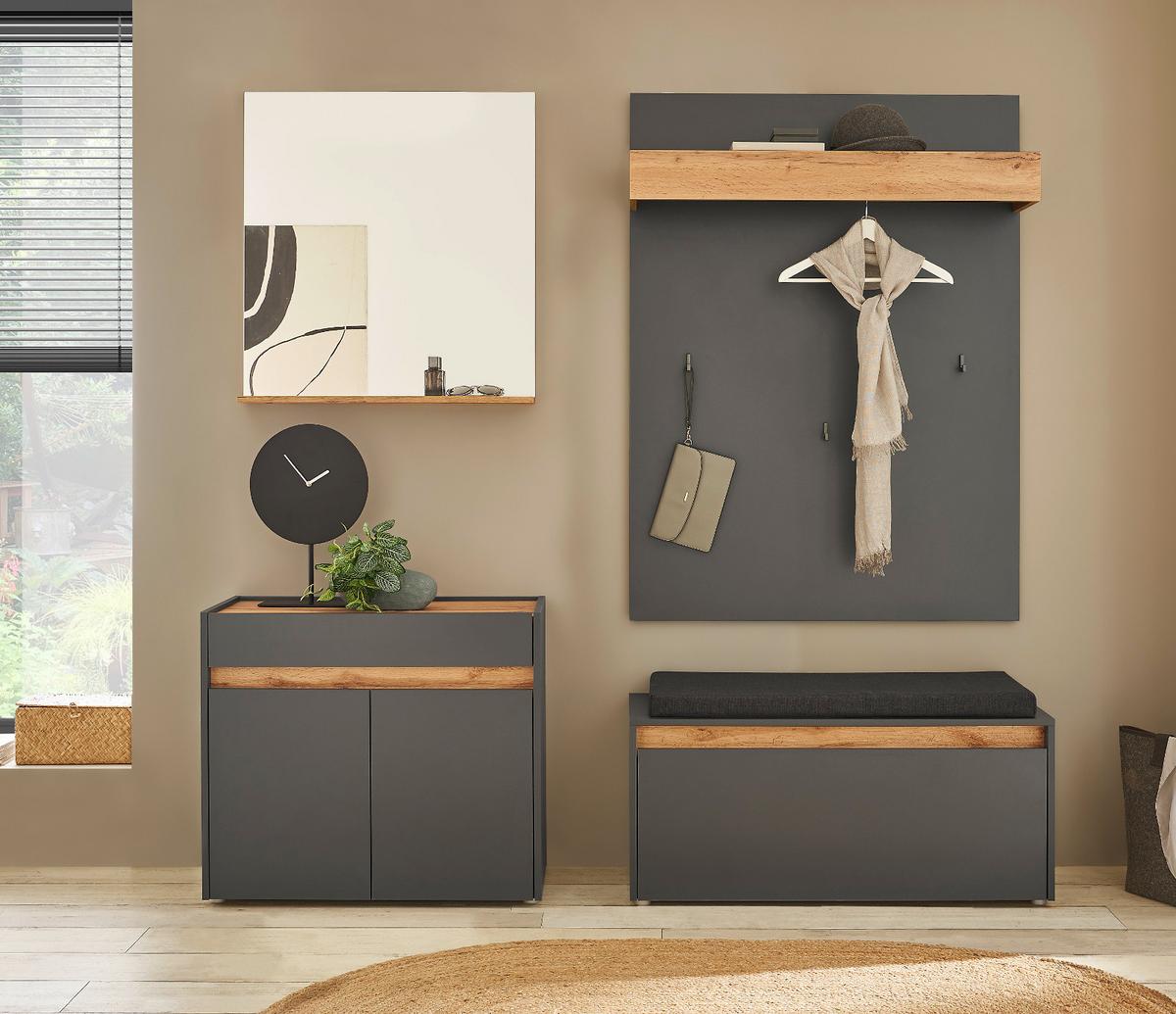 FLURKOMMODE grau matt, Eiche Wotan 80 cm, Schuhschrank mit Schubkästen - Eiche Wotan/Silberfarben, Holzwerkstoff/Kunststoff (80/70/40cm) - Furn.Design