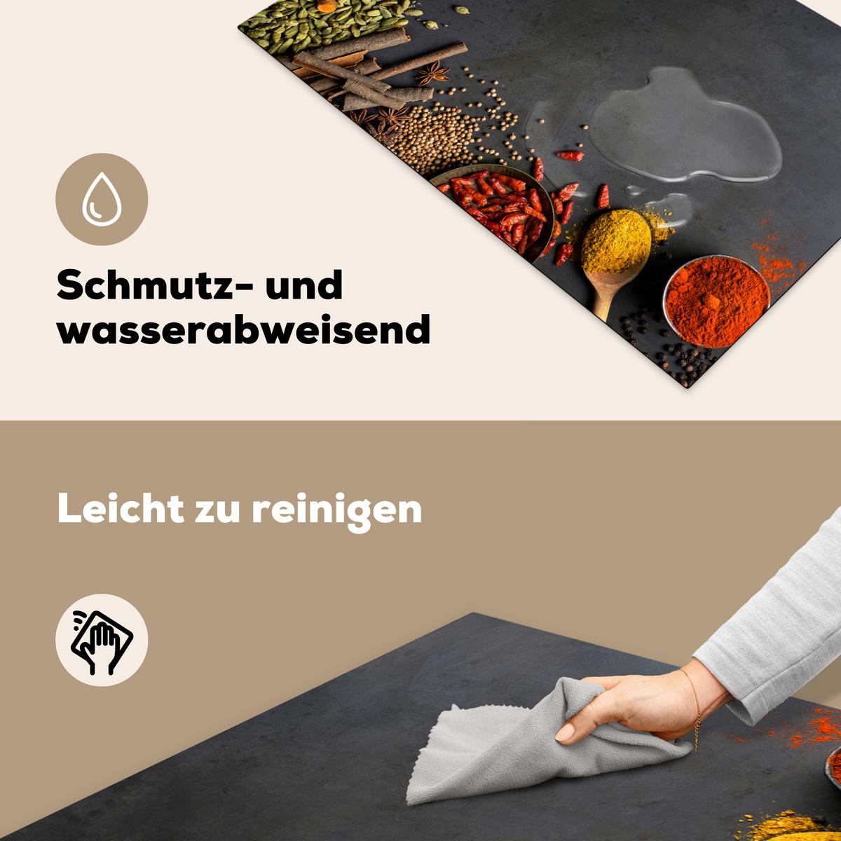 HERDABDECKPLATTE Kräuter - Lebensmittel - Gewürze - Schwarz - Paprika - Zimt Induktionsschutz 81.6x52.7 cm - Currygelb, Kunststoff (81.6/52.7/0.2cm) - MuchoWow