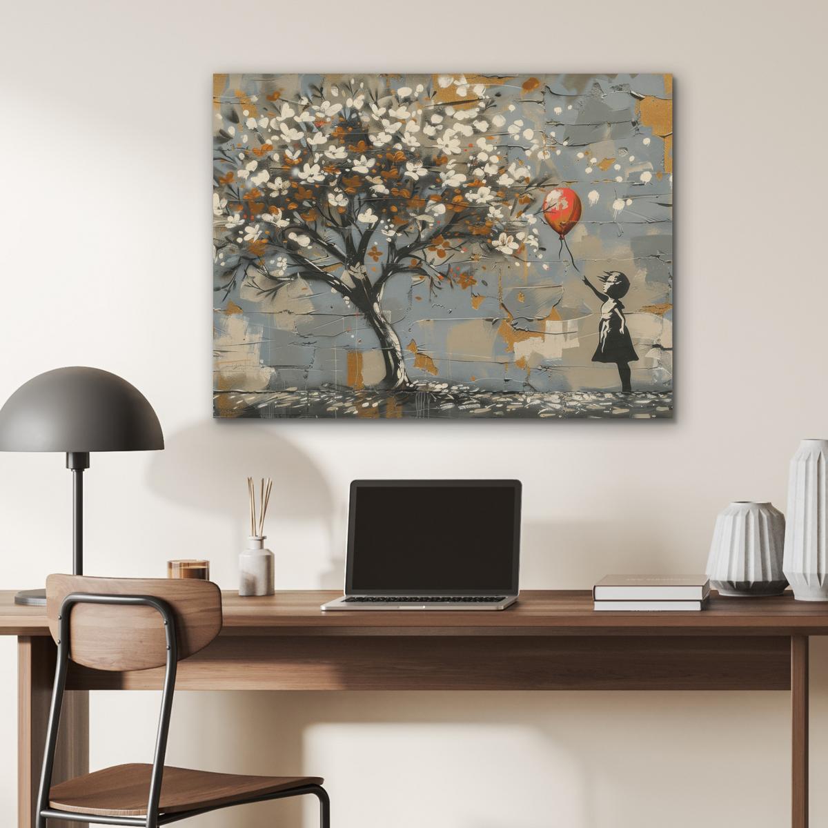 AKUSTIKBILD Baum - Graffiti - Banksy-Stil - Ballon-Mädchen Gemälde 80x60 cm - Blaugrau, Kunststoff (80/60/0.9cm) - MuchoWow