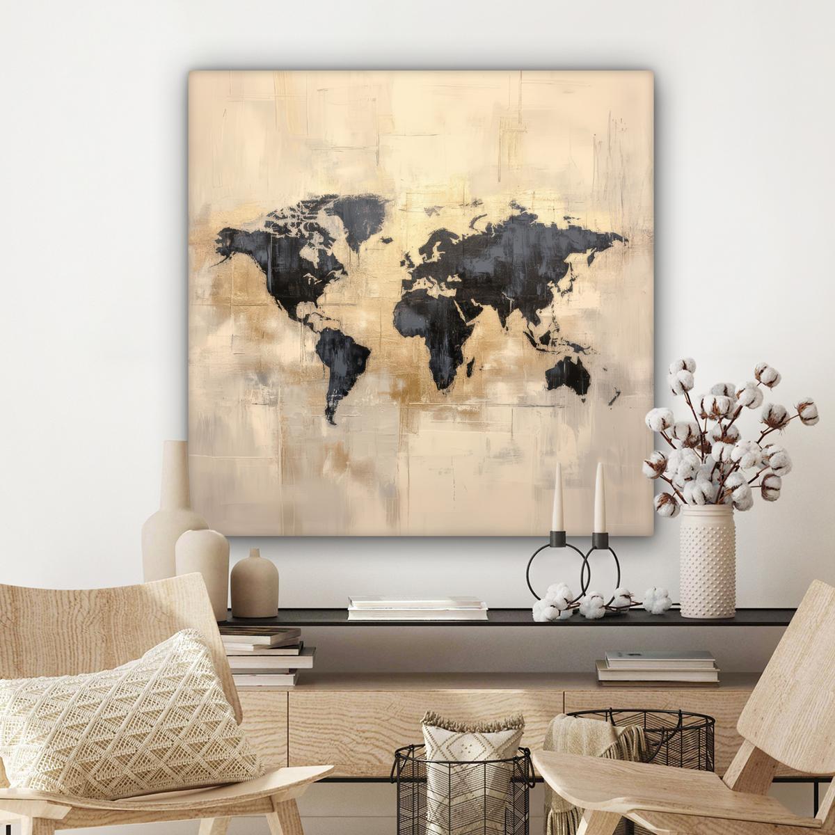 LEINWANDBILD Weltkarte - Gold - Schwarz - Abstrakt Deko Groß 90x90 cm - Kupferfarben, Textil (90/90cm) - MuchoWow