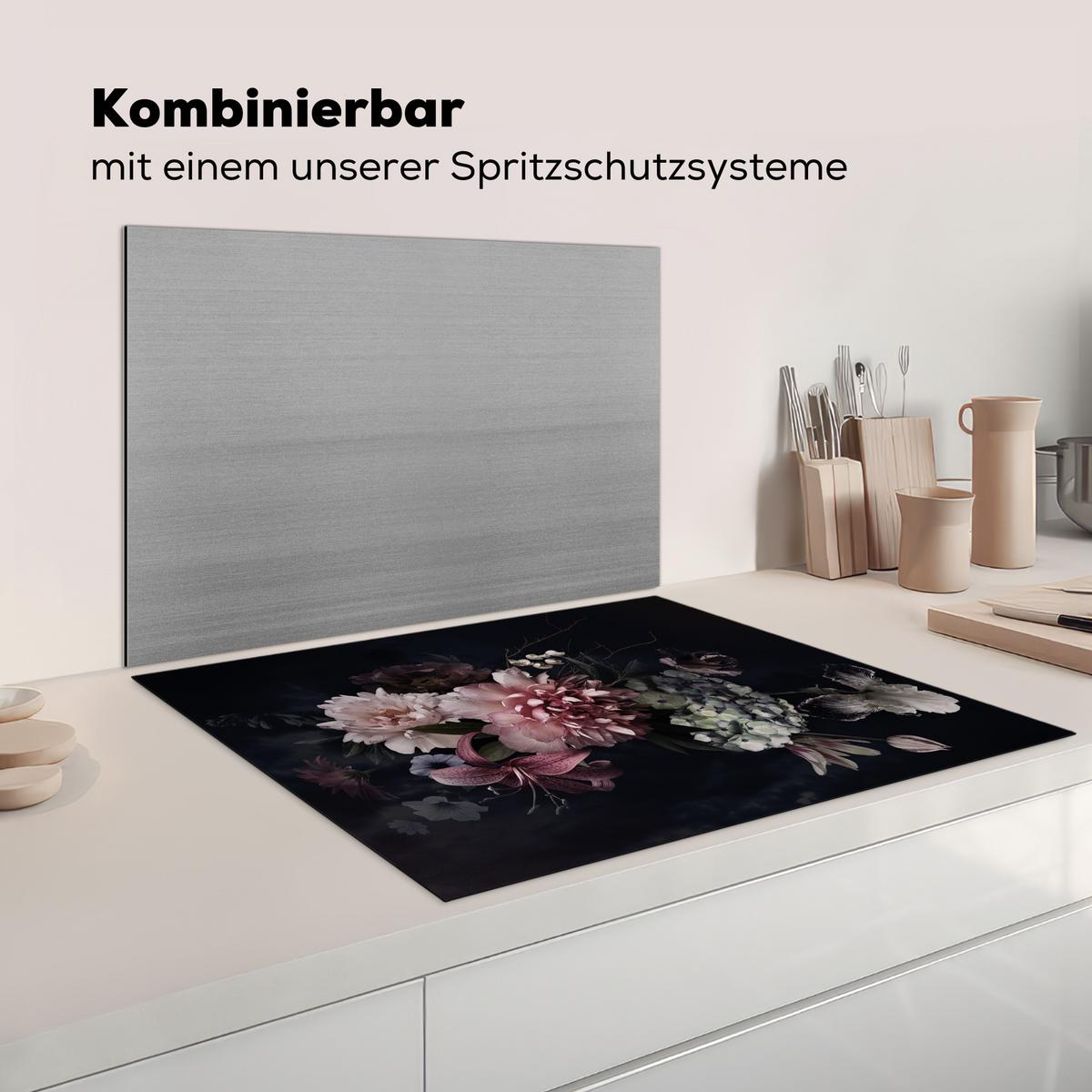 HERDABDECKPLATTE Blumen - Vintage - Pastell - Rosa - Weiß Induktionsmatte 77x59 cm - Altrosa, Kunststoff (77/59/0.2cm) - MuchoWow