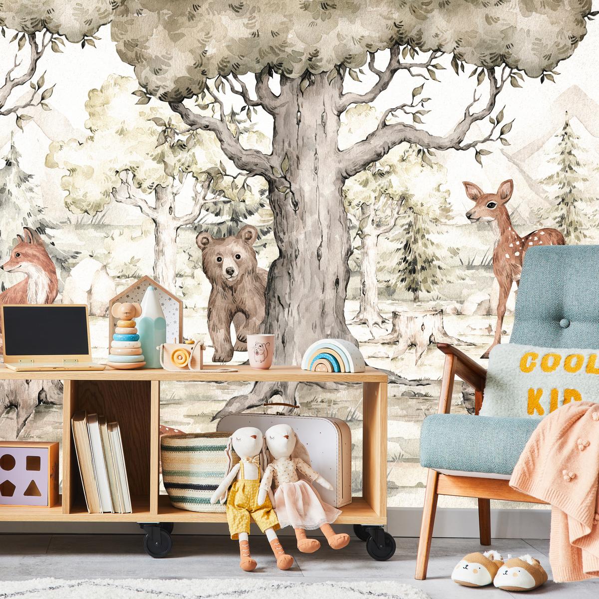 FOTOTAPETE für Kinderzimmer Waldtiere Aquarell Bär Fuchs Reh Bäume 200x140 - Beige/Orange, Papier (200/140cm) - Muralo