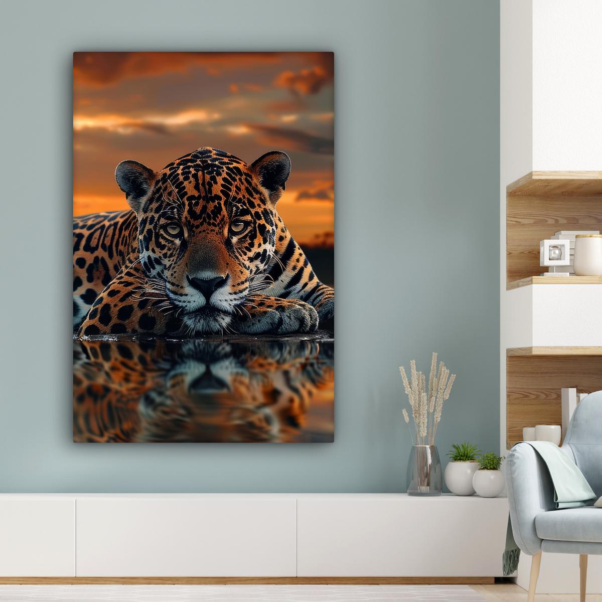 LEINWANDBILD Natur - Leopard - Tier - Sonnenuntergang - Modern Deko XXL 80x120 cm - Orange, Textil (80/120cm) - MuchoWow