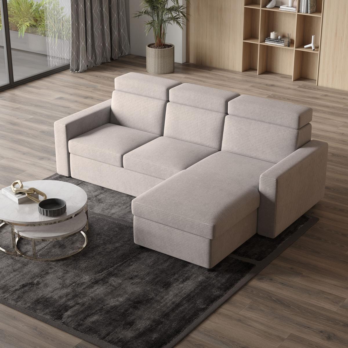 ECKSOFA PADWA Beige Kordstoff mit Schlaffunktion - Beige/Schwarz, Holz/Kunststoff (227/168cm) - MASSENO
