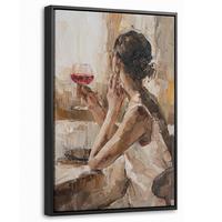 LEINWAND Bilder mit Rahmen - Ölgemälde - Frau - Wein - 20x30 - Hellbraun, Textil (20/30cm) - MuchoWow