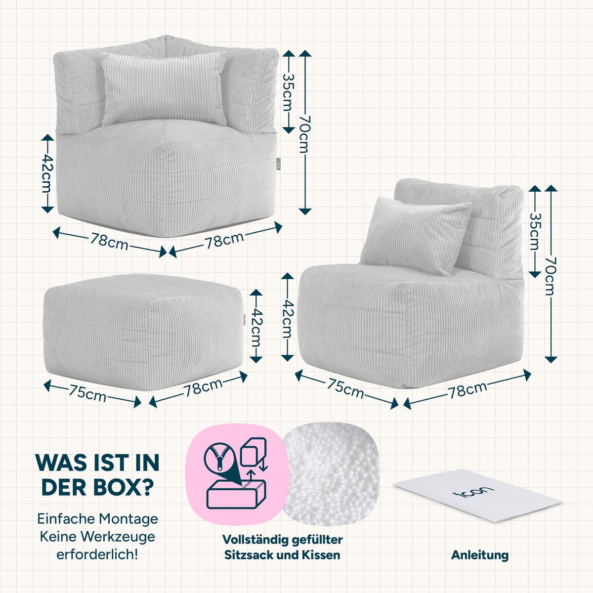 SITZSACK-SOFA 3-tlg. modular cord Noa - Beige, Textil (228/70/78cm) - icon