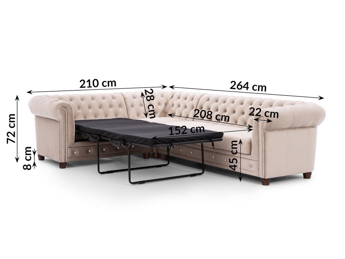 ECKSOFA mit Schlaffunktion Chesterfield Beige Samt mit Kristallsteppung und braunen Massivholzfüßen - Ottomane Links - Beige/Braun, Holz/Textil (264/210cm) - S-Style