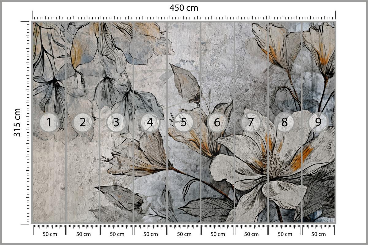FOTOTAPETE für Büro Blumen Blätter Betongrund Vintage Pflanzen 450x315 - Grau, Papier (450/315cm) - Muralo
