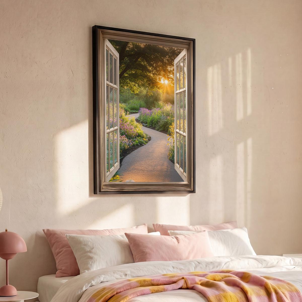 LEINWAND Bilder mit Rahmen - Aussicht - Blumen - Natur - Sonne - Weg - 80x120 - Hellgelb, Textil (80/120cm) - MuchoWow