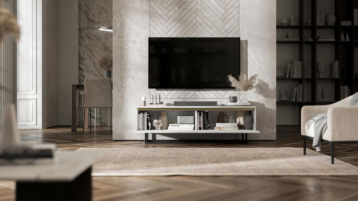 TV-SCHRANK Selene Weiß Matt mit Metallrahmen 140 cm - Schwarz/Weiß, Holzwerkstoff/Metall (140/44/35cm) - Meble Lindner