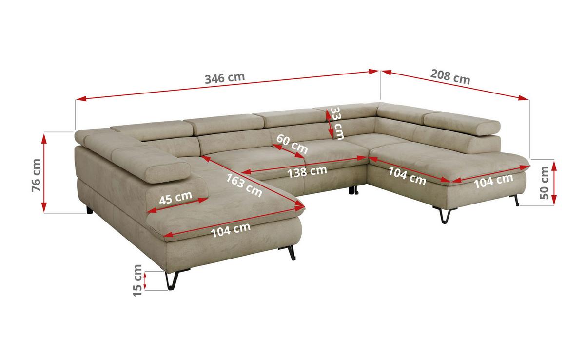 WOHNLANDSCHAFT PABLO U Velvet Beige mit Topper Visco - Beige/Schwarz, Textil/Metall (346/76/208cm) - MKS
