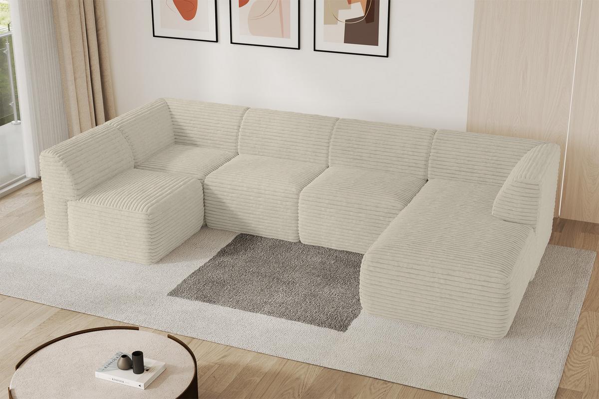 WOHNLANDSCHAFT Ottomane Rechts MOVO-L 345x180x78 cm Creme Cord - Ecru, Holzwerkstoff/Kunststoff (180/78/345cm) - ALTDECOR