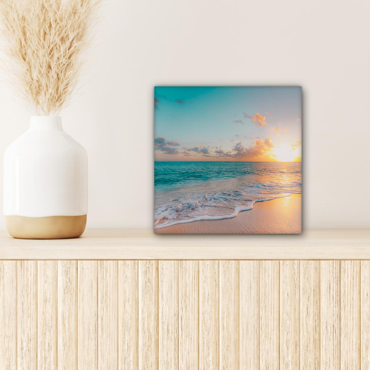 LEINWANDBILD Sonnenuntergang - Strand - Meer - Sommer - Blau Deko Wohnzimmer 20x20 cm - Multicolor, Textil (20/20cm) - MuchoWow