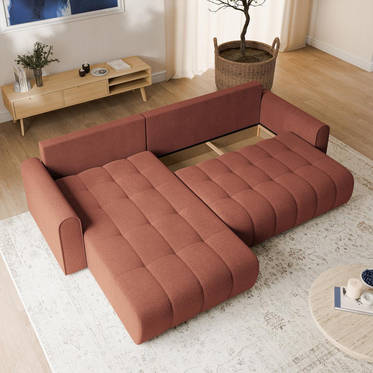 ECKSOFA FRIGA Orange Strukturstoff mit Schlaffunktion - Terracotta, Holz (283/185cm) - MASSENO