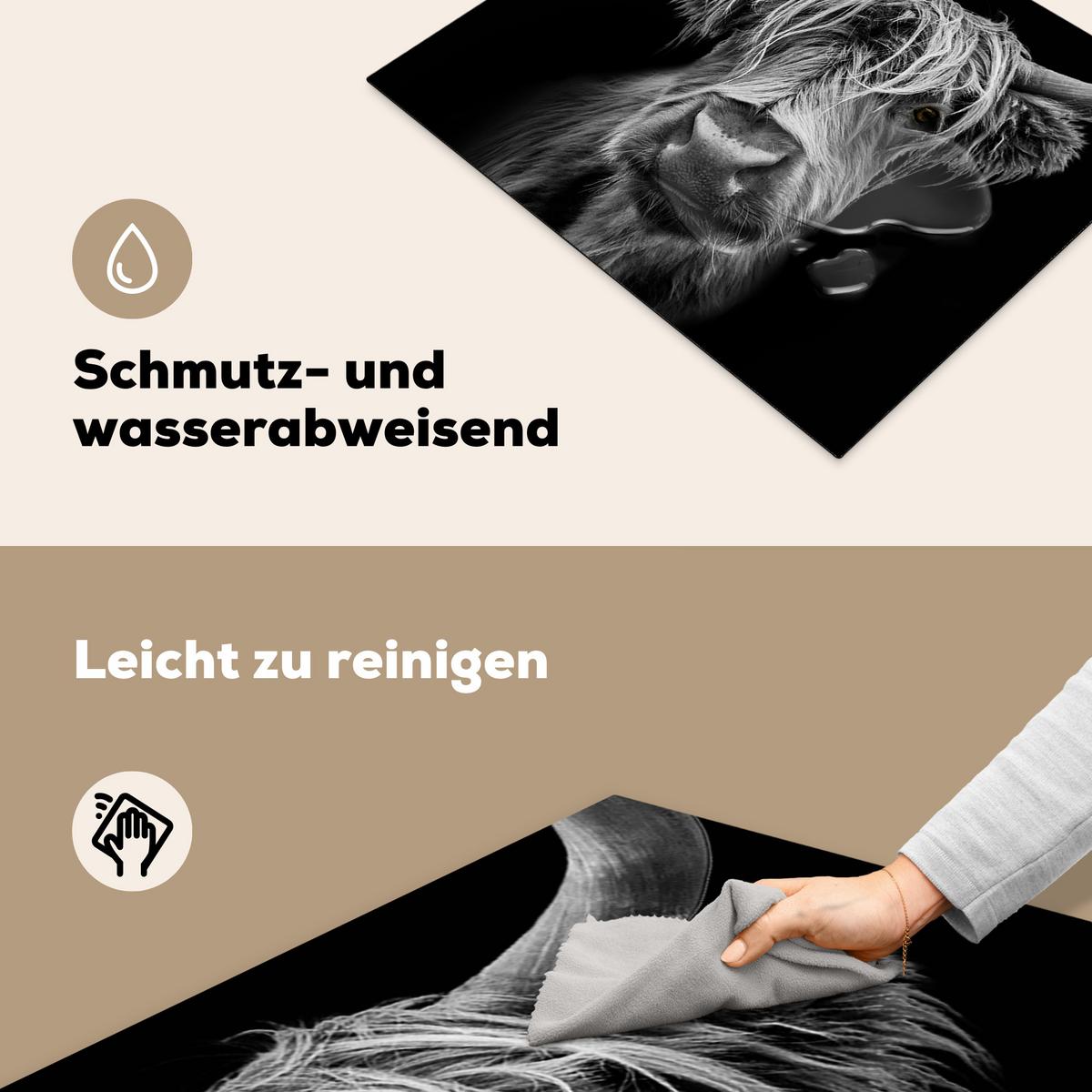 HERDABDECKPLATTE Schottischer Highlander - Hörner - Schwarz - Weiß - Kuh - Wild - Tiere Herdabdeckung Induktionsfeld 65x52 cm - Schwarz, Kunststoff (65/52/0.2cm) - MuchoWow