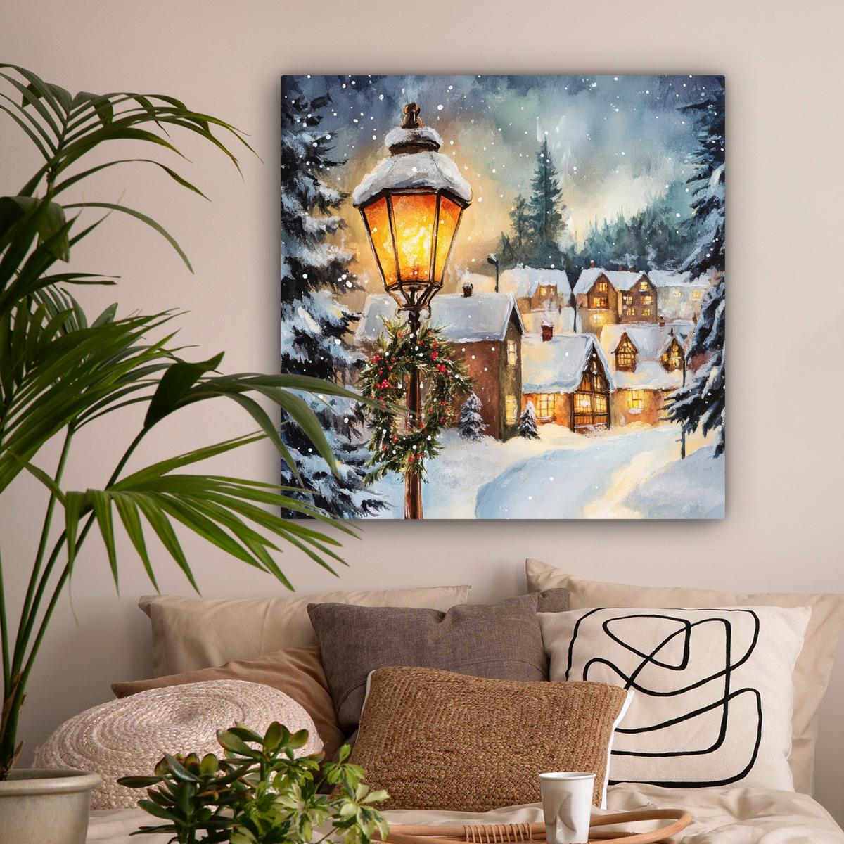 LEINWANDBILD Weihnachtsdorf - Häuser - Schnee - Weihnachten Deko Groß 90x90 cm - Sandfarben, Textil (90/90cm) - MuchoWow
