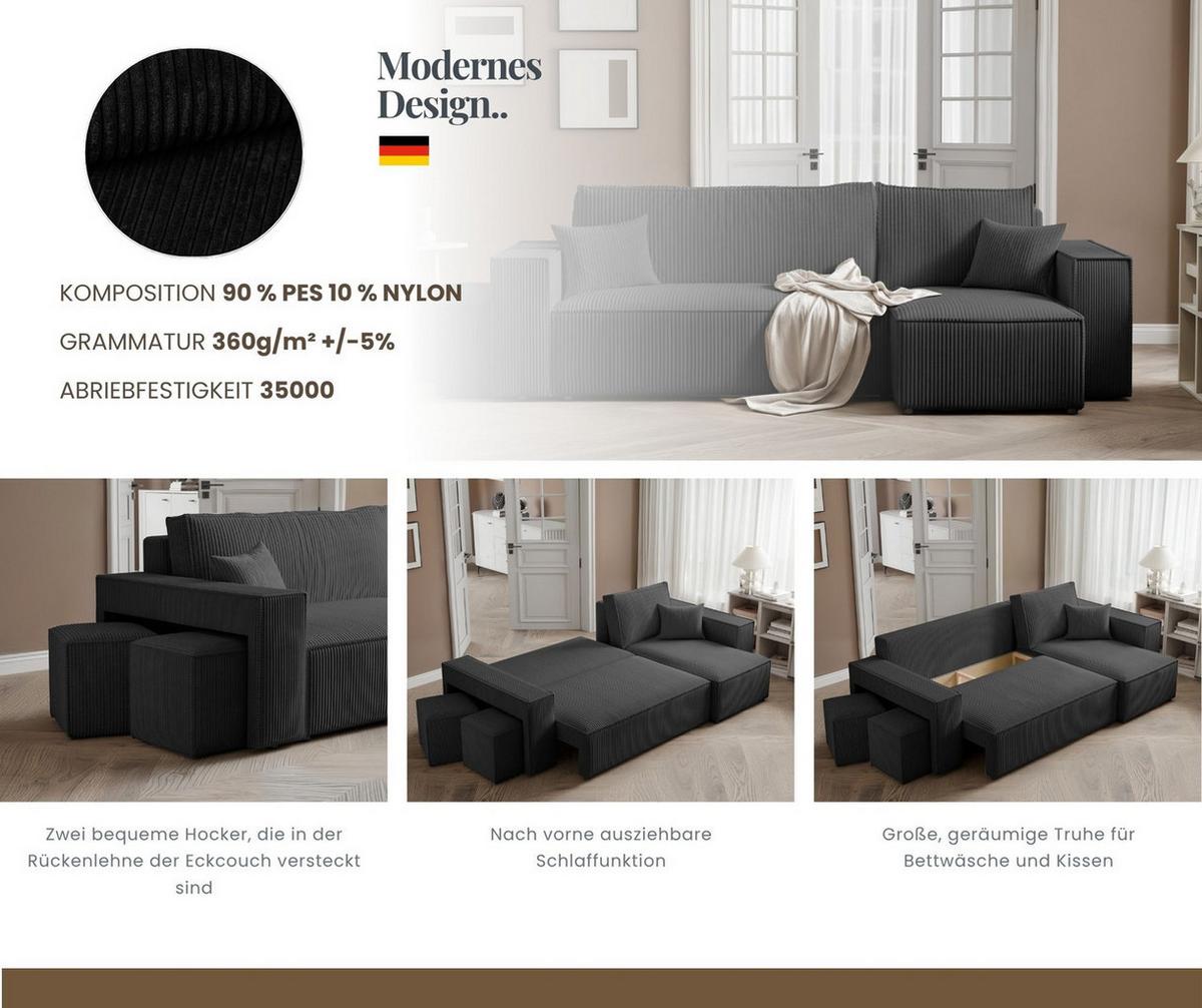 ECKSOFA PARIS mit Schlaffunktion und Bettkasten Anthrazit - Anthrazit, Kunststoff/Textil (262/145cm) - Idohome