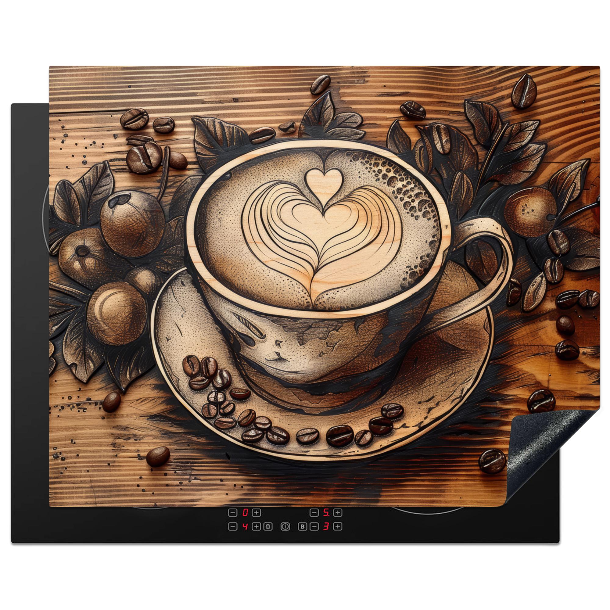 HERDABDECKPLATTE Kaffee - Vintage - Braun - Tasse - Holz Herdabdeckung Induktionsfeld 65x52 cm - Cappuccino, Kunststoff (65/52/0.2cm) - MuchoWow